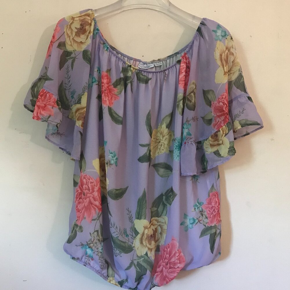 Sweet Pea Lavender Floral Print Peasant Short Sleeve Blouse (XL)